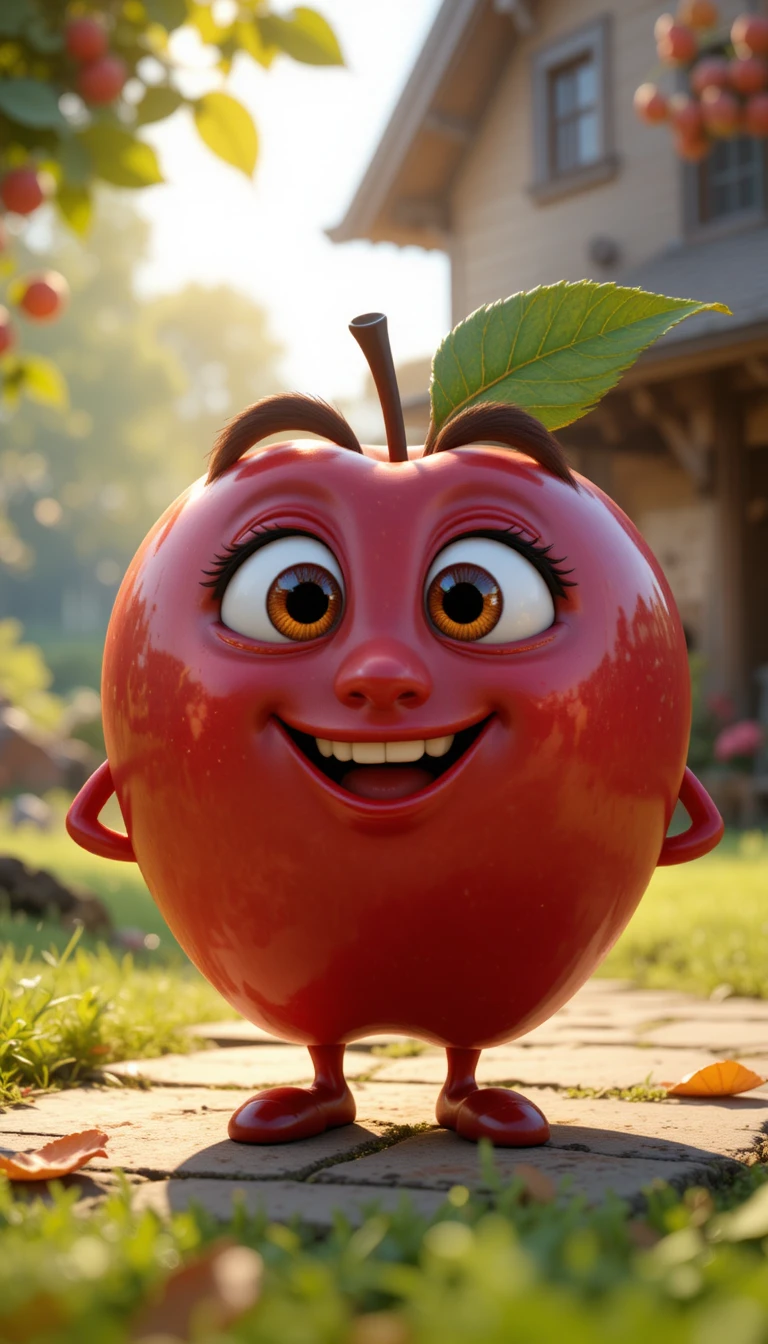 Playful Red Apple Character In A Sunlit Garden Scene