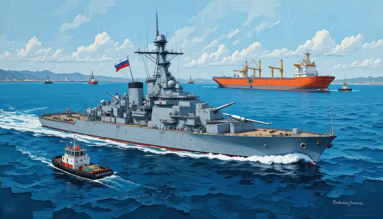 Russian naval destroyer escorted by tugboats at sea