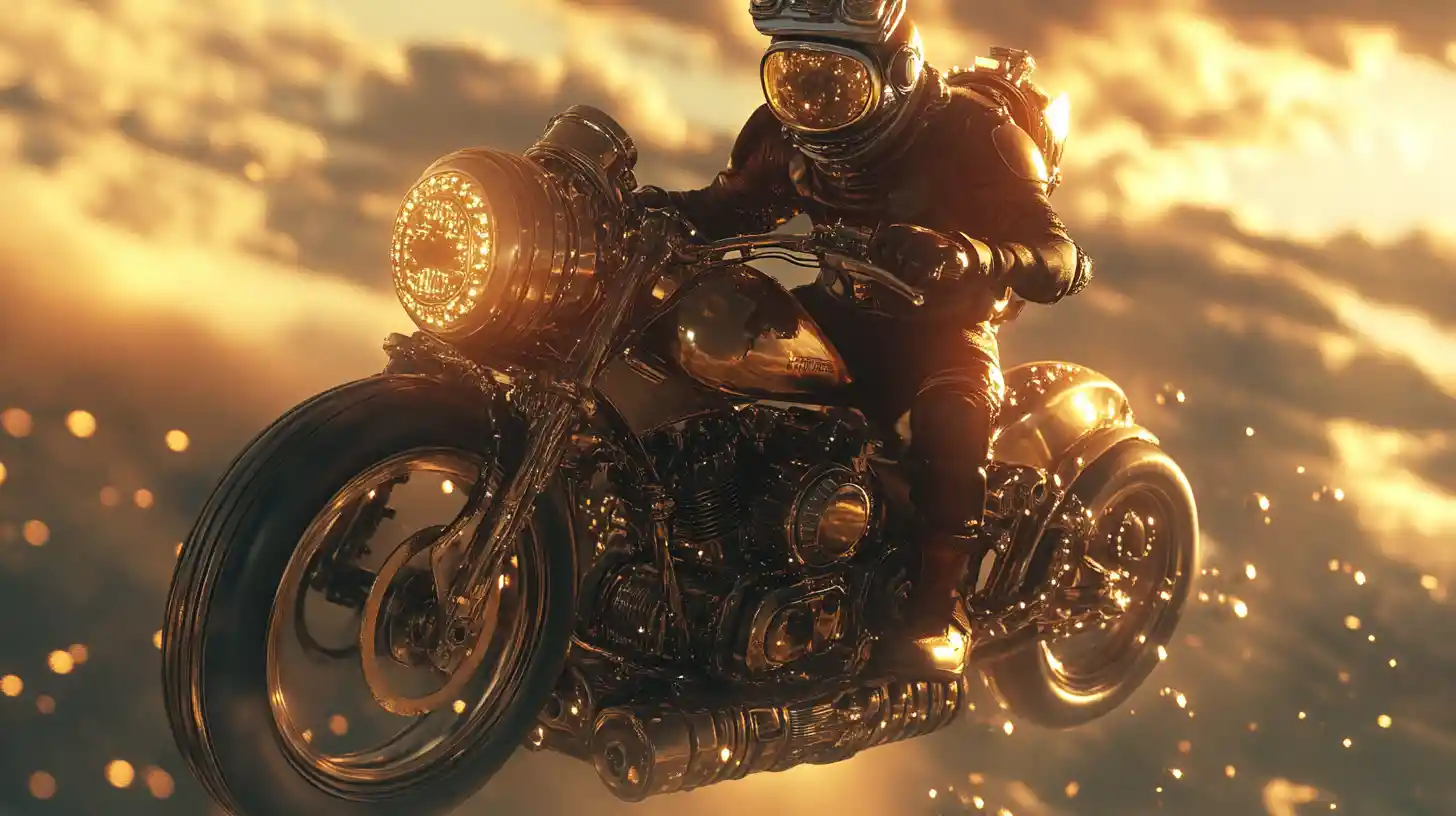 Steampunk rider speeding through cosmic highways in golden light