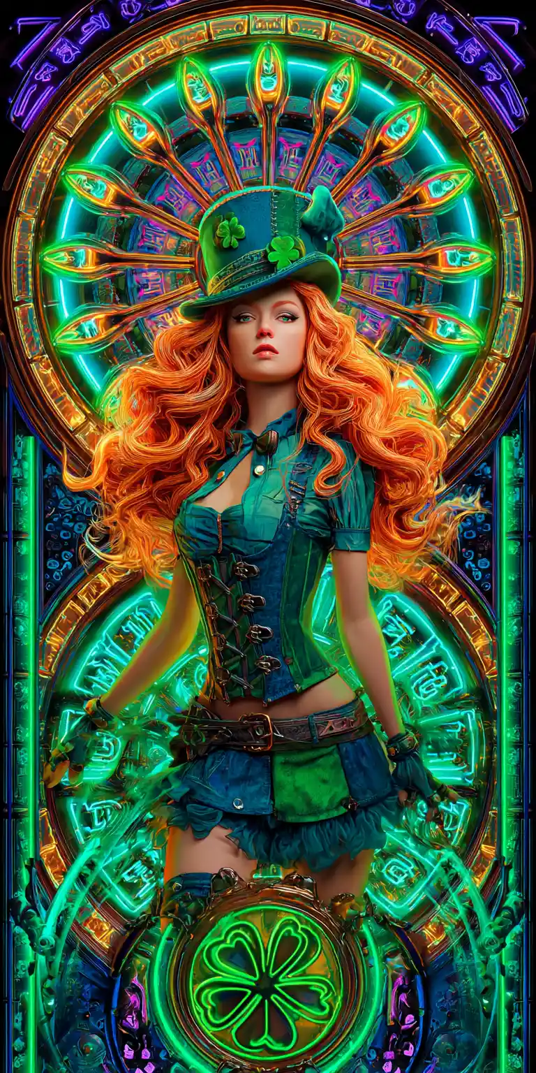 Leprechaun feminina brincalhona com fundo de explosão estelar radiante