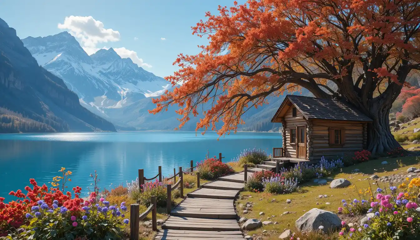 Rustikale Holzhütte an einem ruhigen, blumenreichen Seeufer