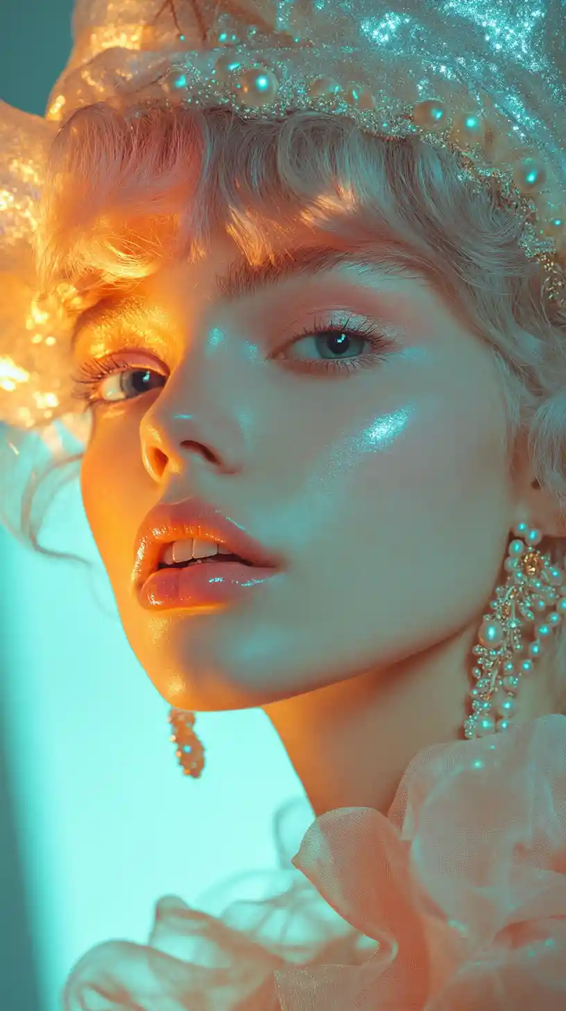 Pearlescent fashion woman portrait with vibrant gem details