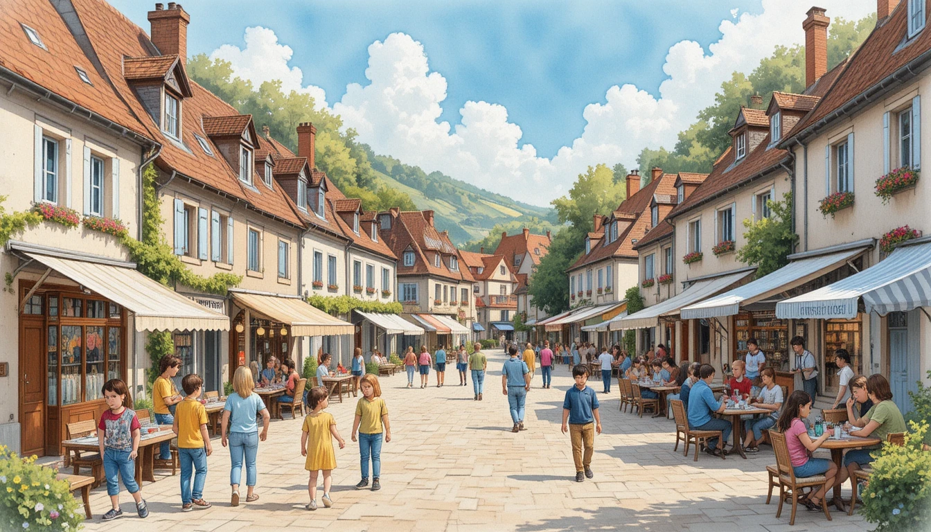 Acogedora ilustración en acuarela de una calle de mercado en un pueblo francés