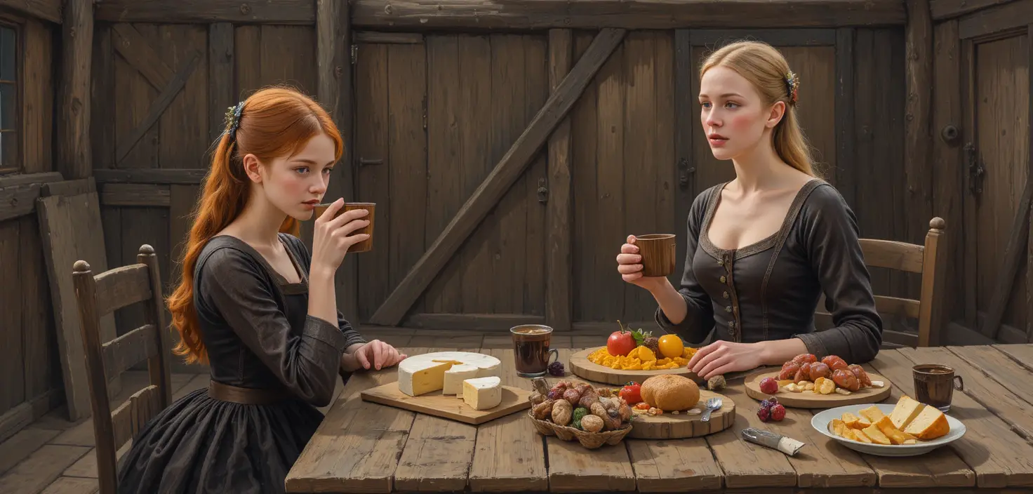 Two women sharing drinks at a rustic medieval table
