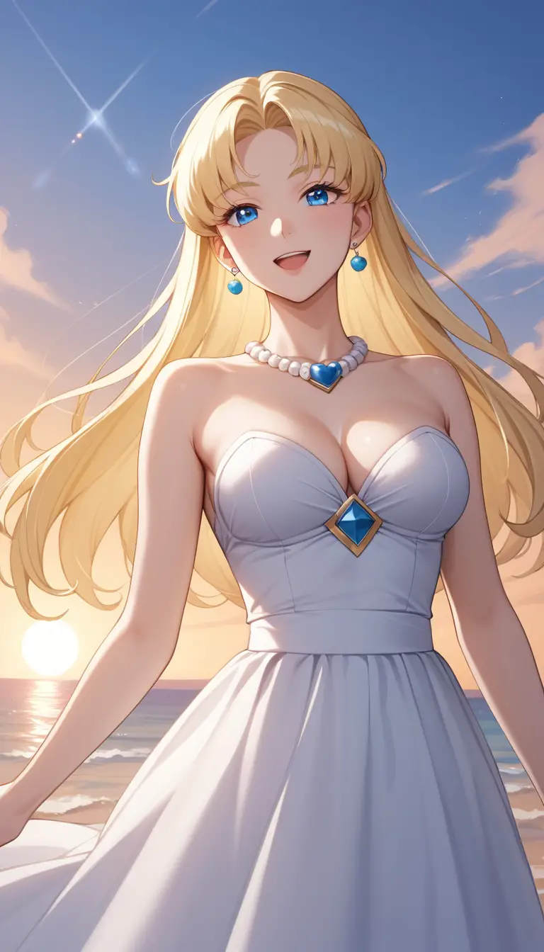 Smiling blonde anime girl at sunset in soft focus