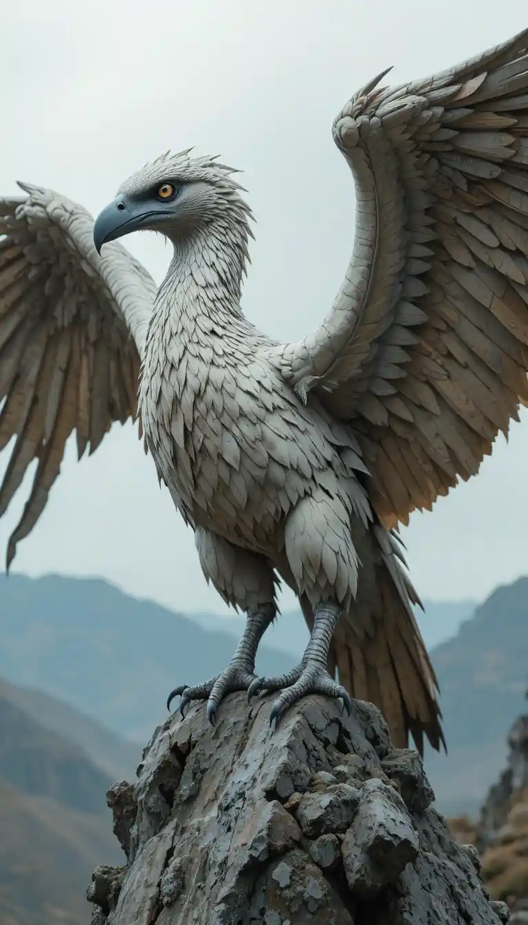 Mythical bird perched on stone above a quiet valley