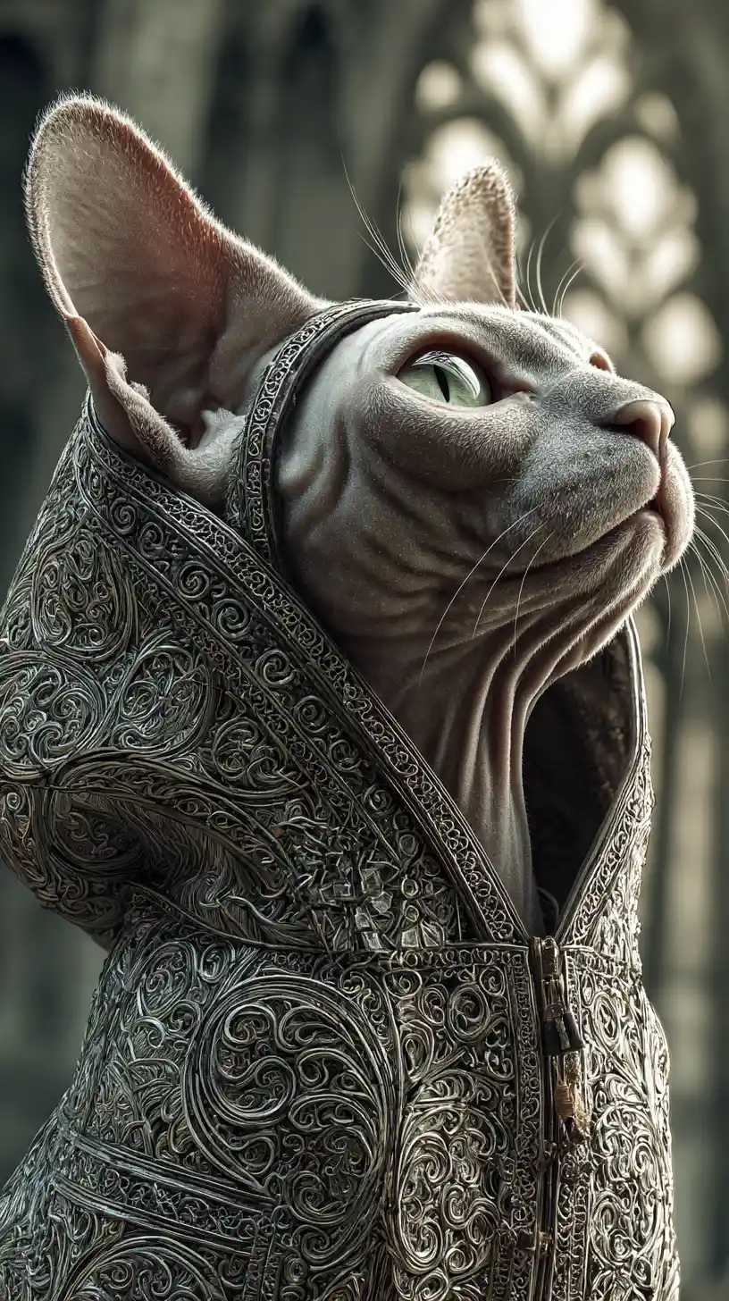 Gato esfinge tierno con sudadera ornamentada – retrato de fantasía urbana