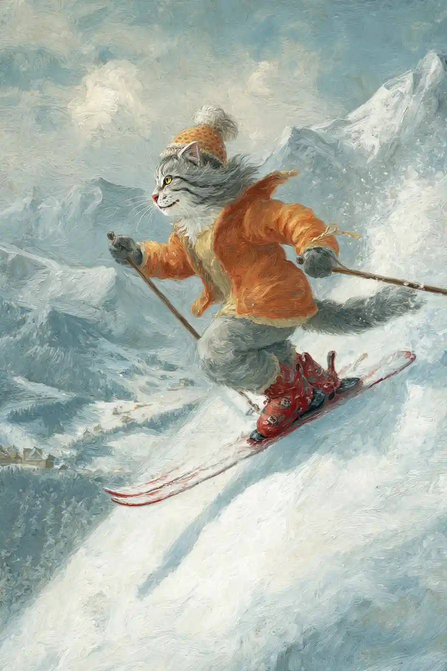 Slim skiing cat on snowy olympic mountain slope