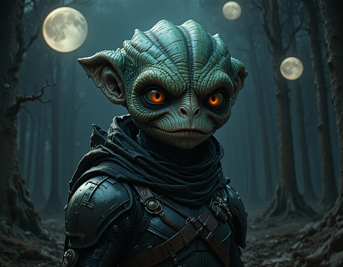 Monstruo verde acorazado en un bosque oscuro y siniestro