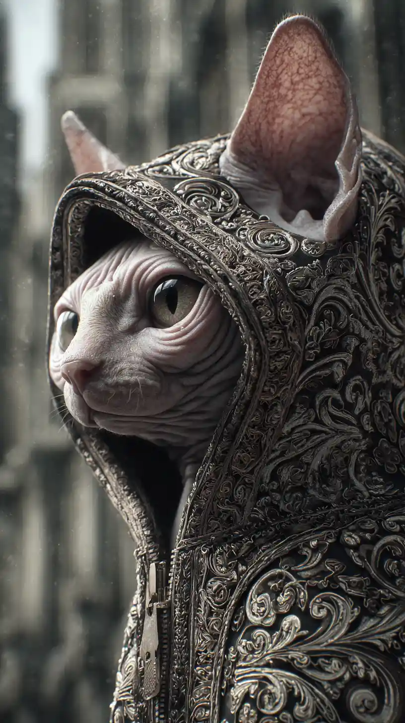 Gato Sphynx con sudadera ornamentada en retrato de fantasía urbana