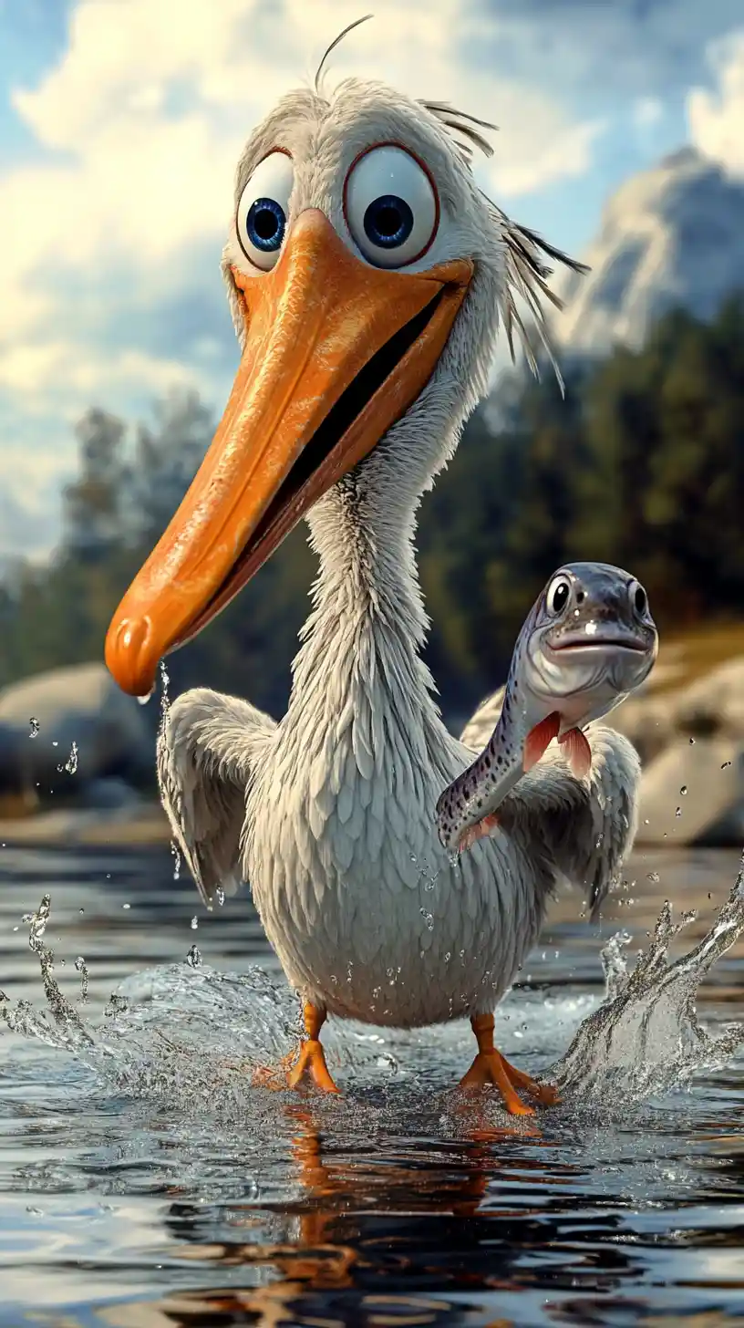Whimsical Cartoon Pelican Playing At A Calm Forest Lake