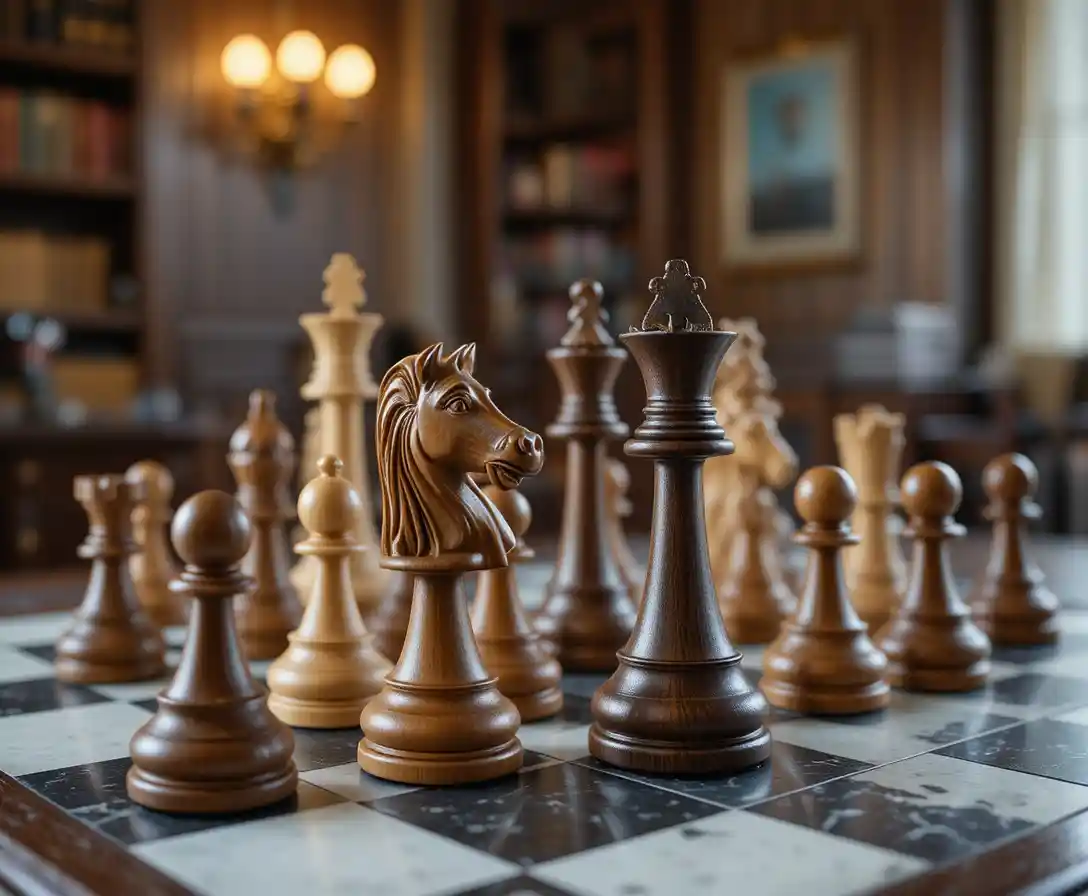 Wooden chess pieces on a polished marble board