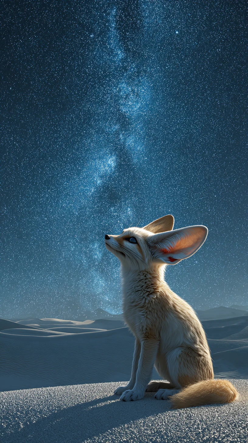 Fennekfuchs auf einer mondbeschienenen Sahara-Düne unter Sternenhimmel