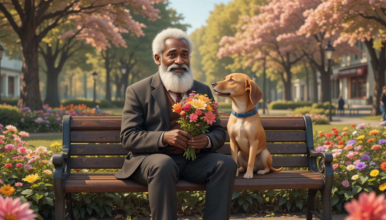 African grandfather with flowers and dog on park bench