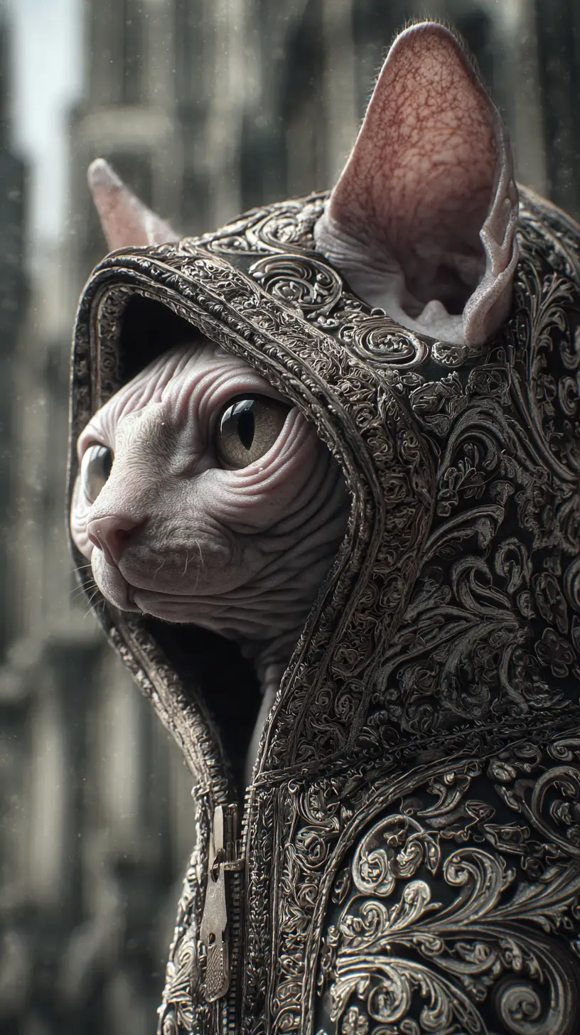 Gato Sphynx con sudadera ornamentada en retrato de fantasía urbana