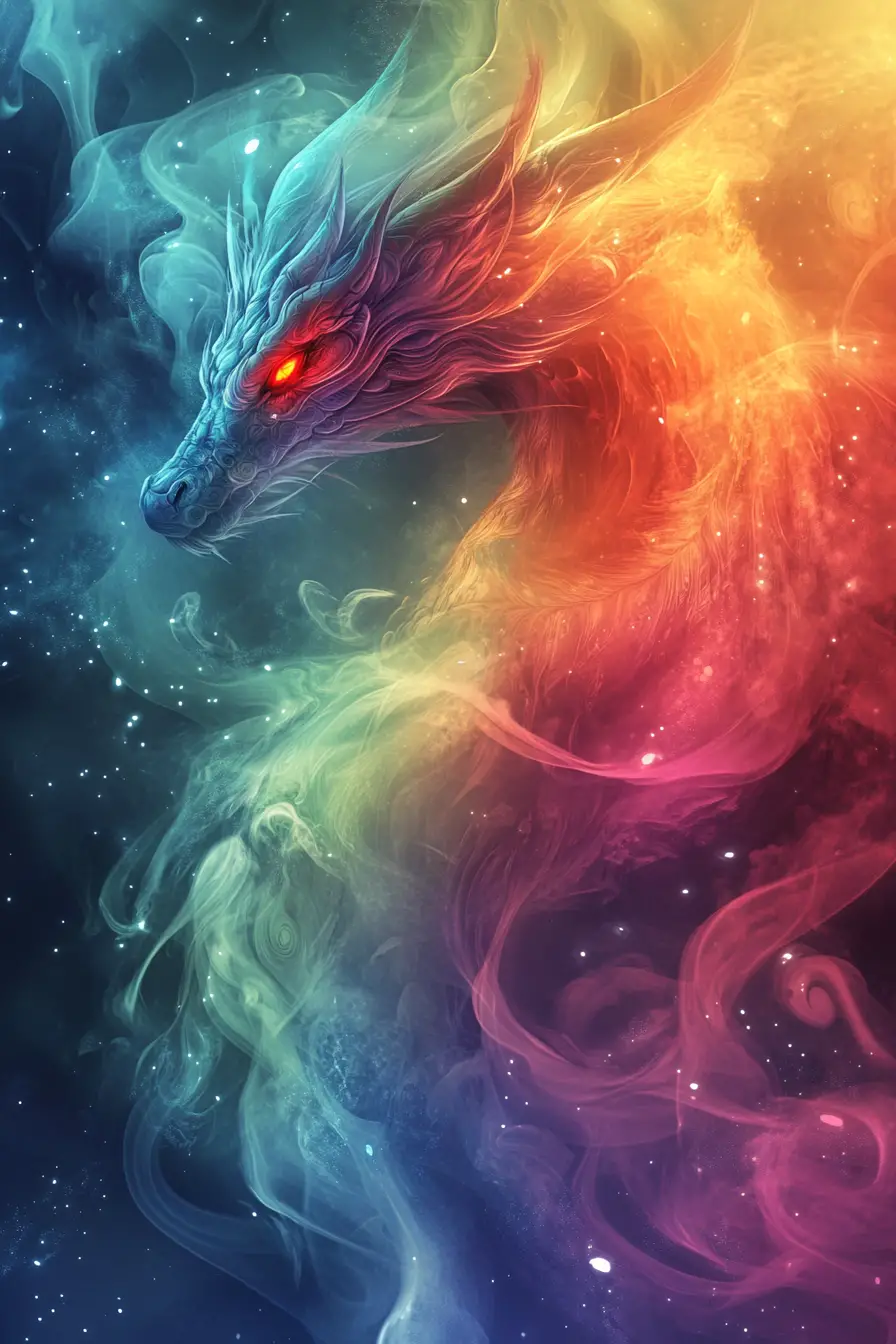 Rainbow Smoke Dragon With Glowing Red Eyes In Abstract Mist