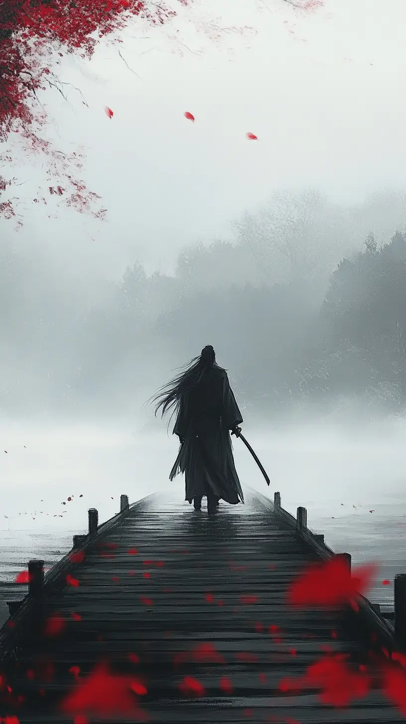 Lone samurai crossing an old wooden bridge in mist