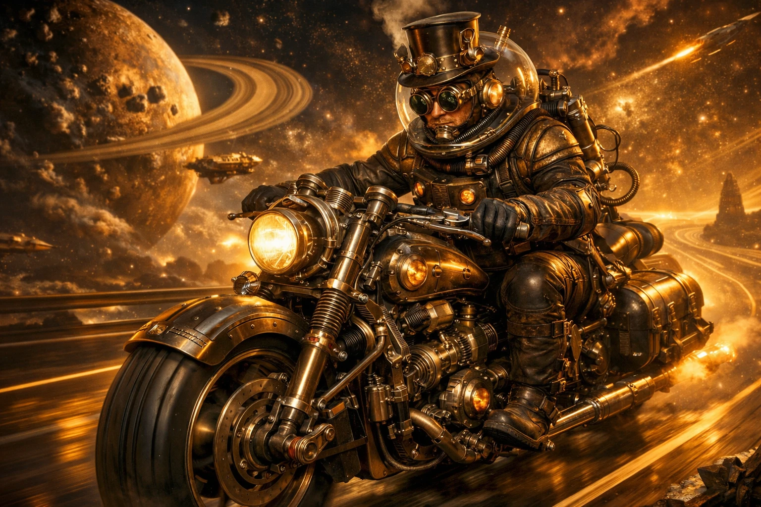 Jinete steampunk en motocicleta recorriendo el espacio a toda velocidad