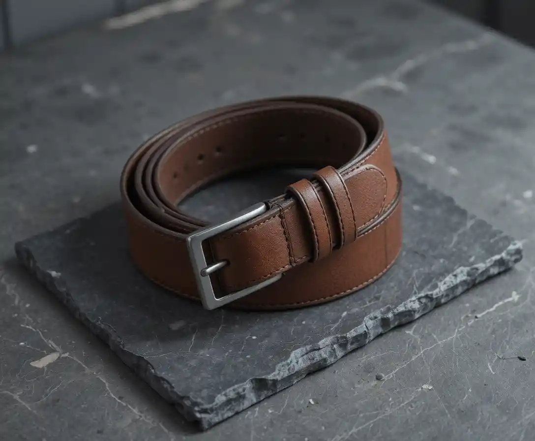 Men leather belt with nickel buckle on dark slate surface
