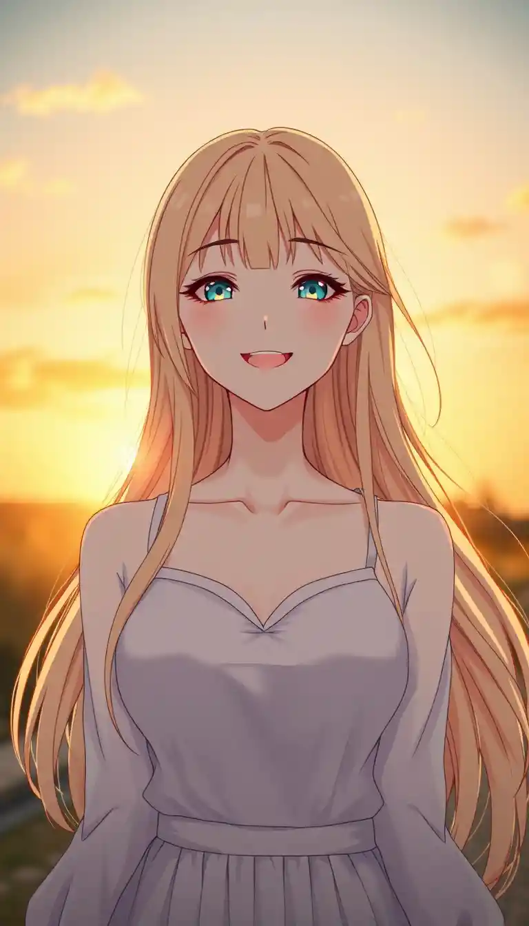 Joyful blonde anime girl at sunset in soft focus