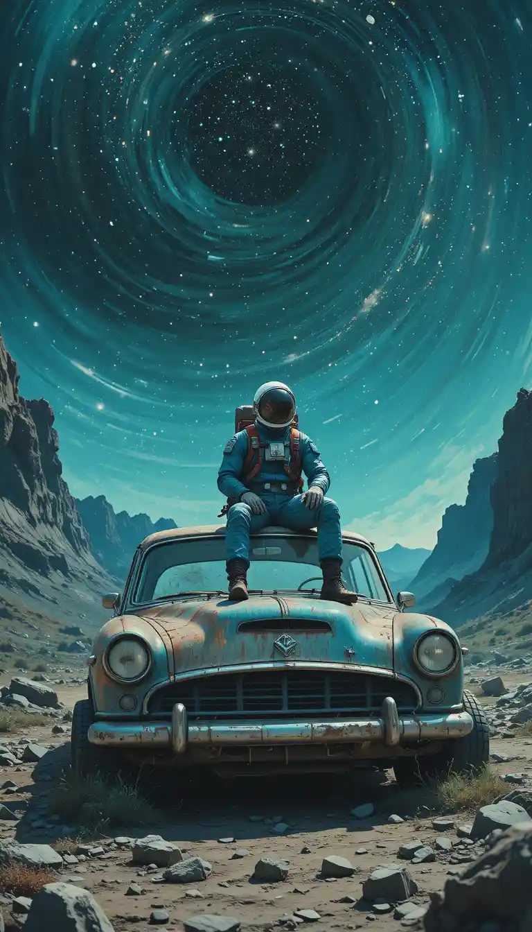 Astronauta che si rilassa su un'auto vecchia sotto un cielo cosmico