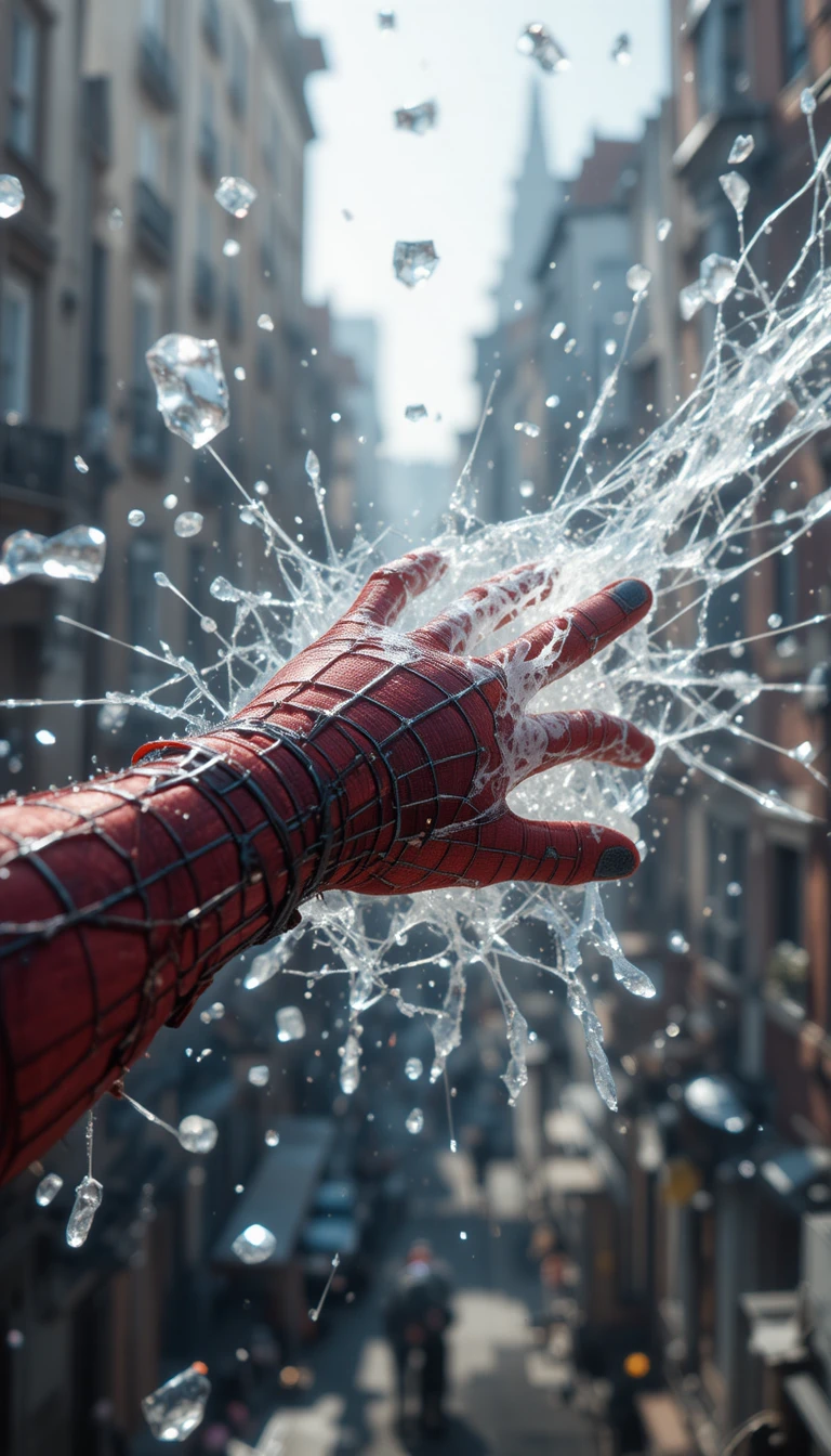 Close up of superhero gloves shooting webs in sunlight