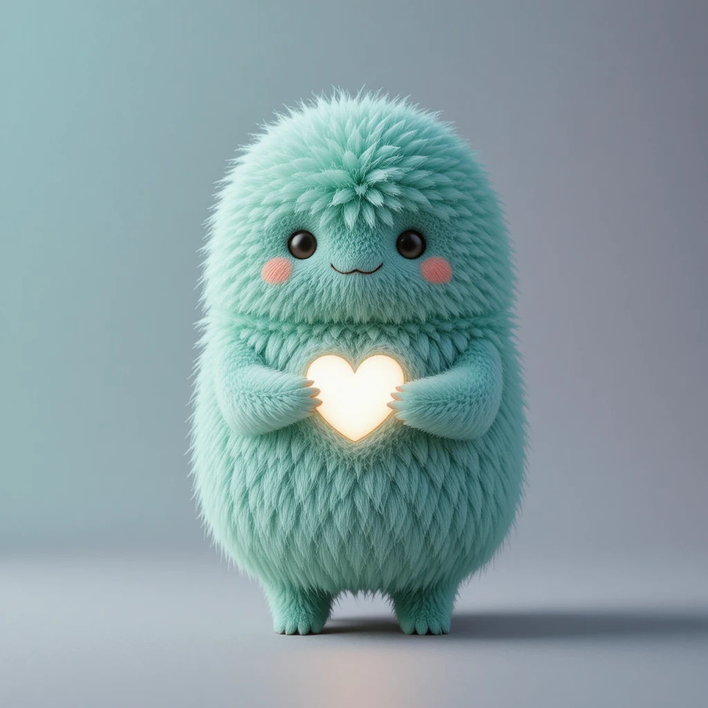 Criatura esponjosa color menta sosteniendo un corazón blanco brillante