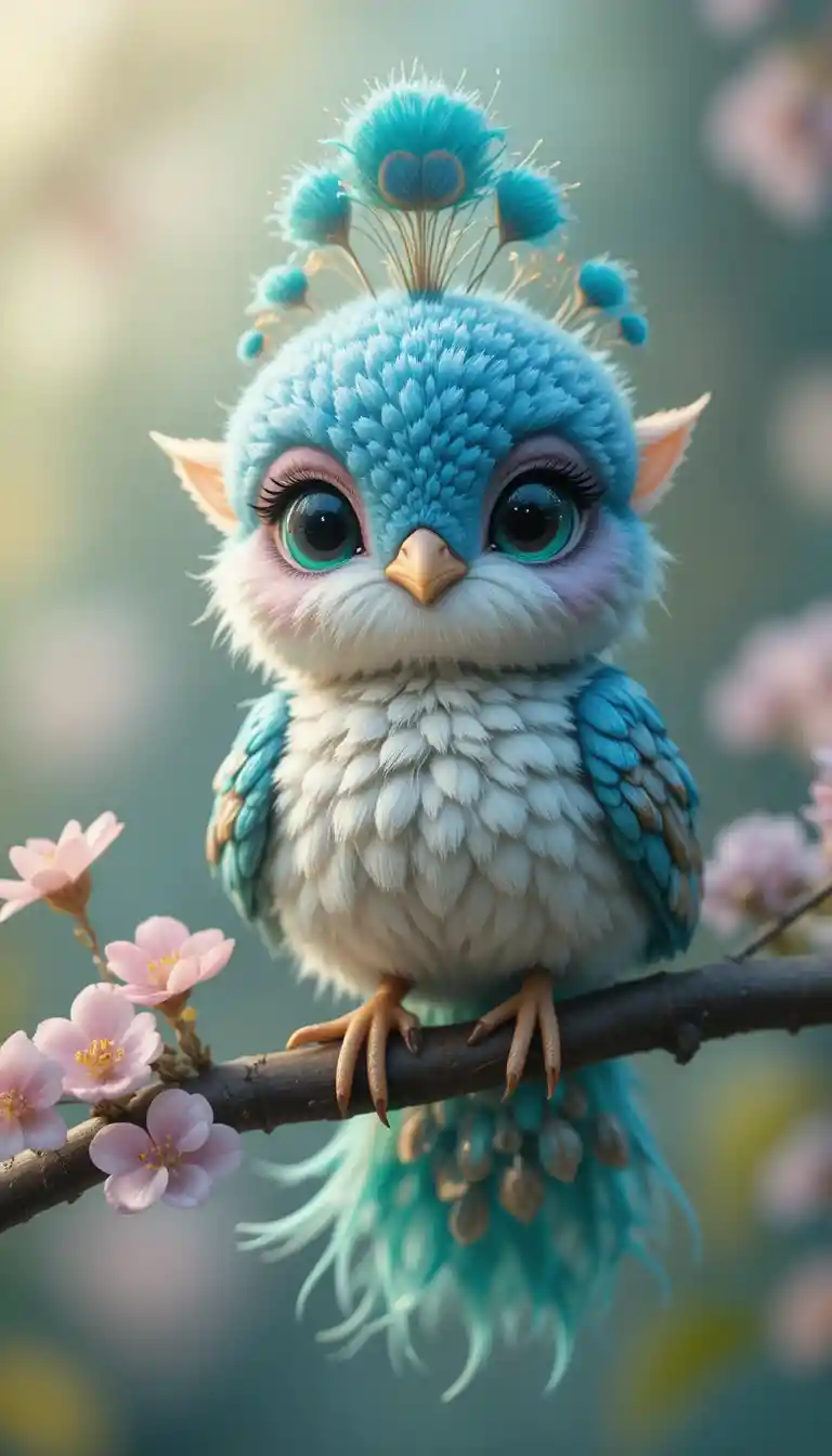 Whimsical mythical bird perched on a flowering branch