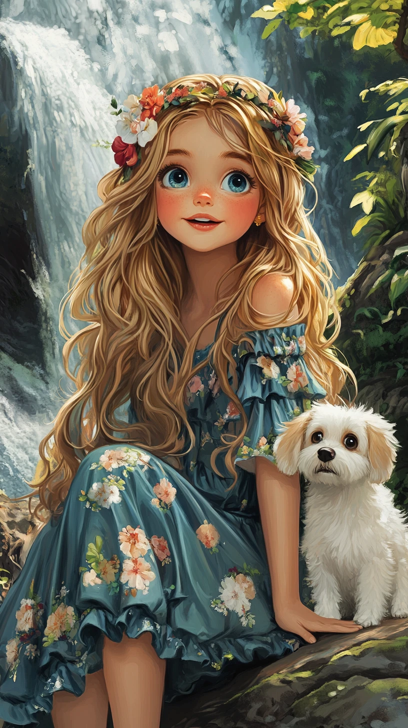 Young girl by a waterfall with a small white dog