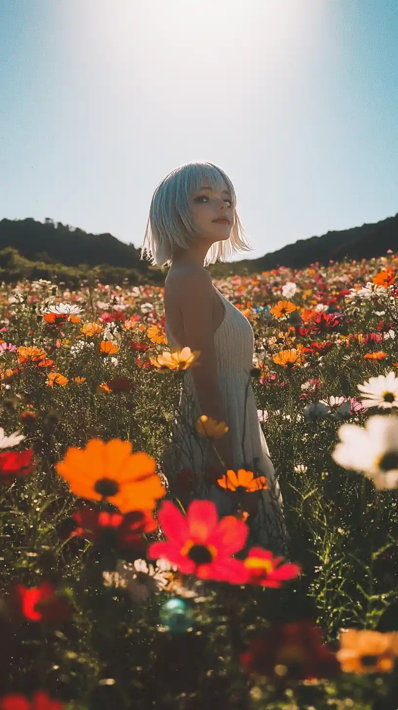 カラフルな花畑に立つ幸せそうなアニメ少女