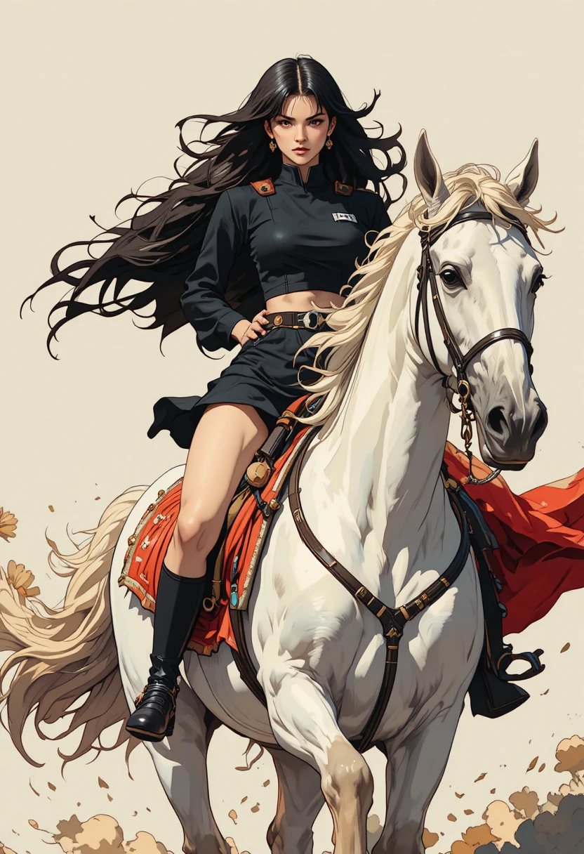 Donna anime che cavalca un cavallo potente in movimento dinamico