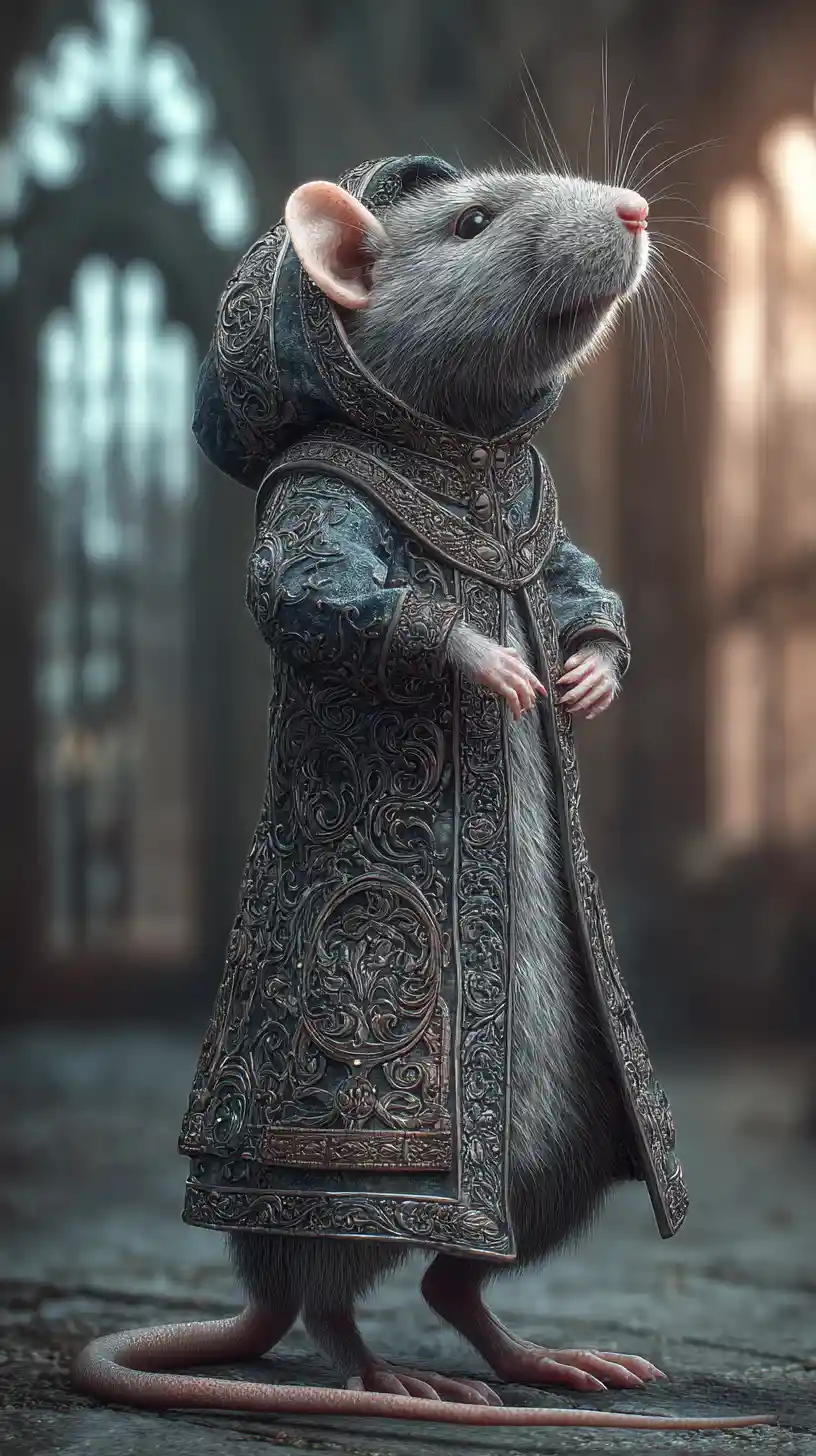 Rata adorable con sudadera ornamentada en una ciudad gótica de fantasía