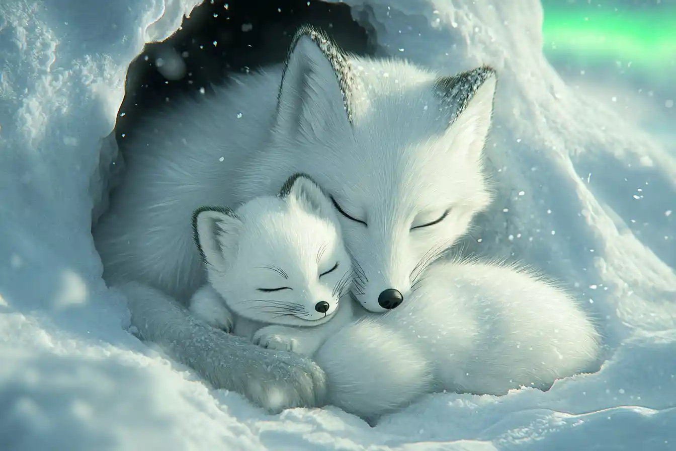 Baby-Eisfuchs kuschelt sich an seine Mutter unter sanftem Polarlicht