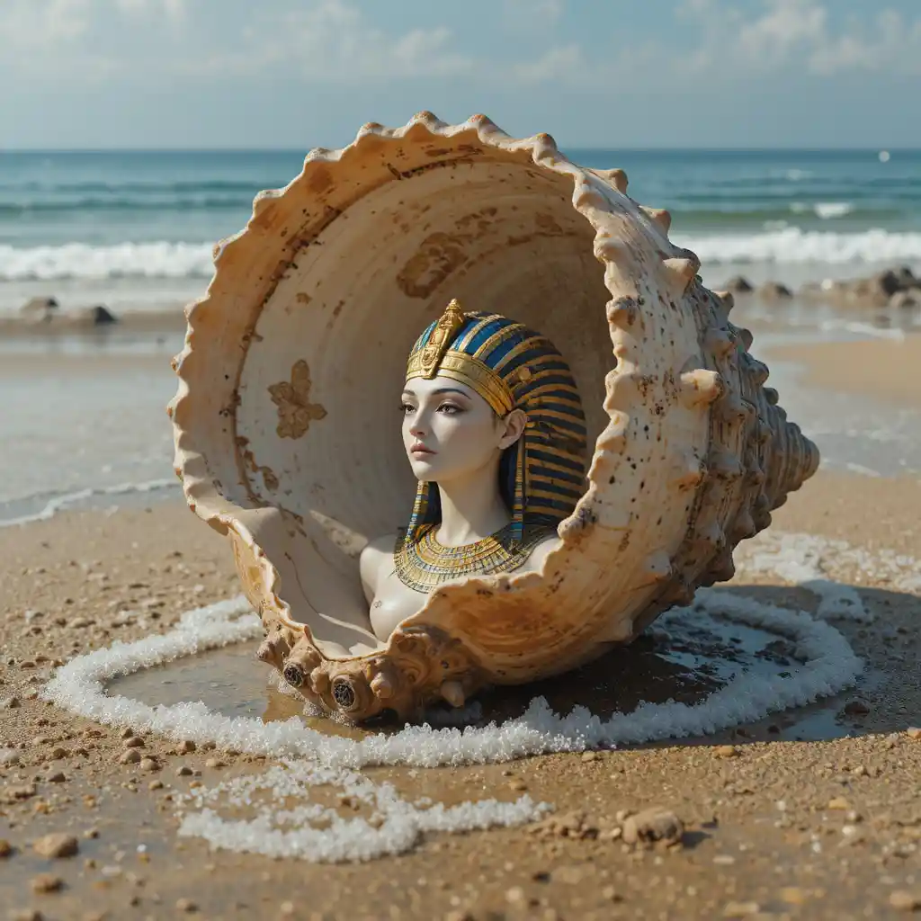 Große Muschel am Strand mit dem Kopf einer antiken Königin