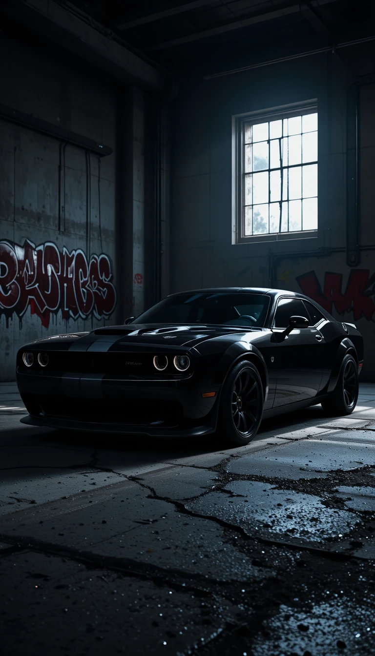 Schwarzer Muscle-Car im stimmungsvoll beleuchteten Industrie-Garage