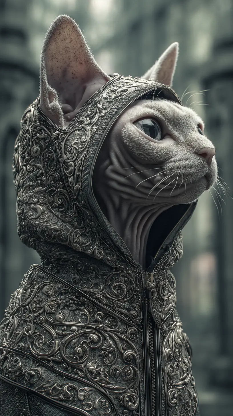 Retrato cinematográfico de un tierno gato esfinge con sudadera ornamentada