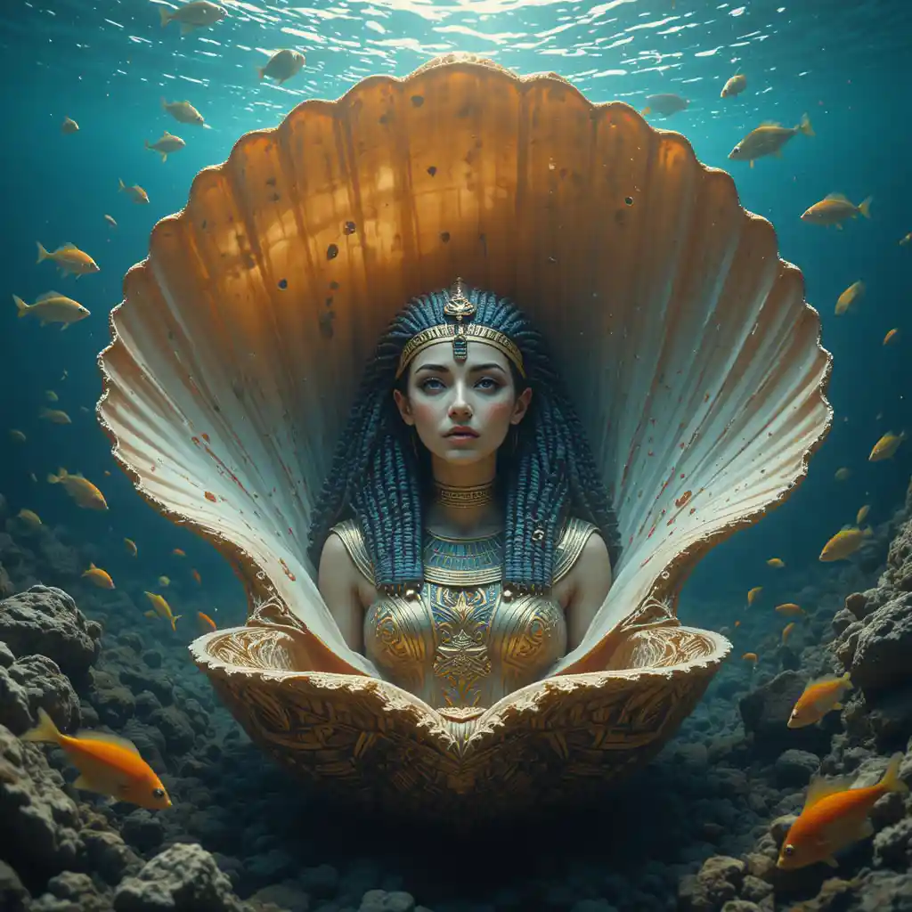 Giant seashell in shallow seawater with an Egyptian queen