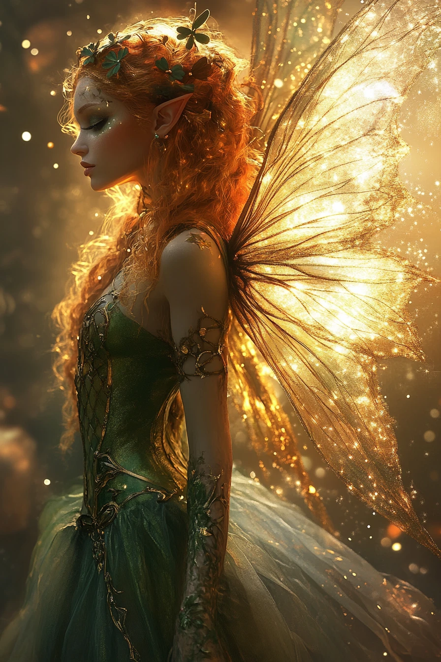 Whimsical female leprechaun with radiant starburst glow