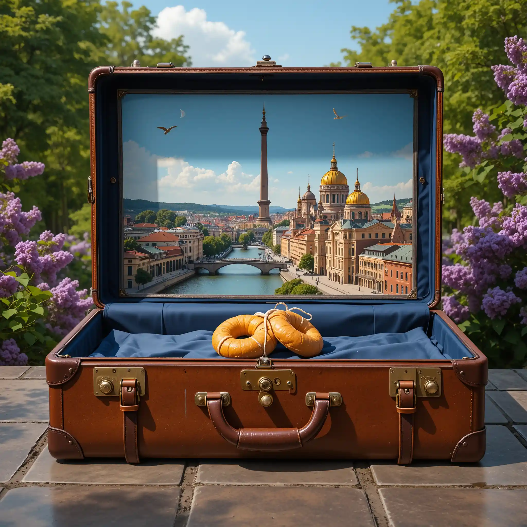 Valise vintage avec paysage urbain de Penza sur dalles de pierre