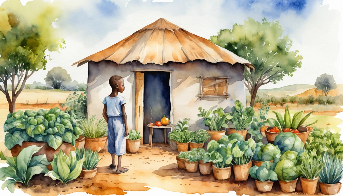 Elderly man gardening in a cozy watercolor savanna scene