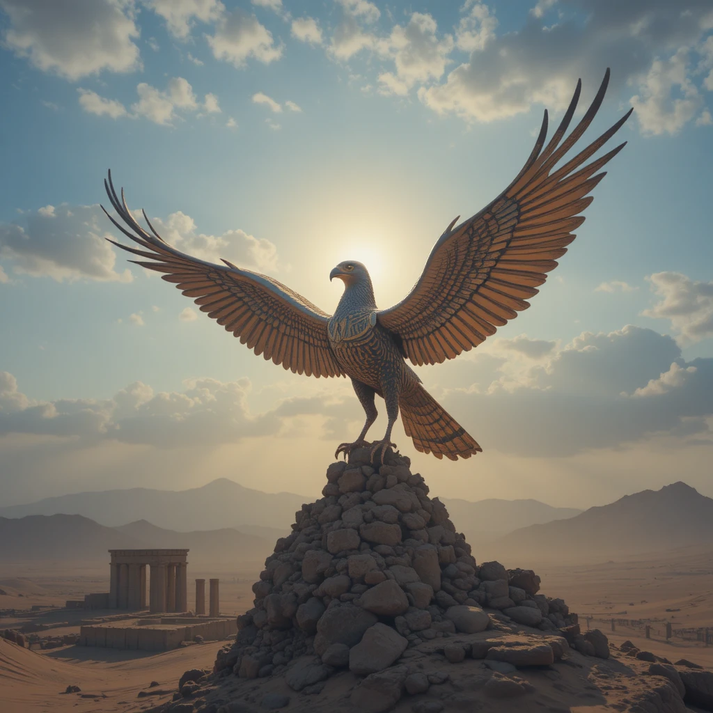 Egyptian ba bird ascending above desert temples at dawn