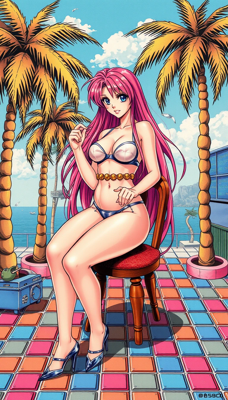 Donna in stile manga che posa su una piccola sedia in ufficio