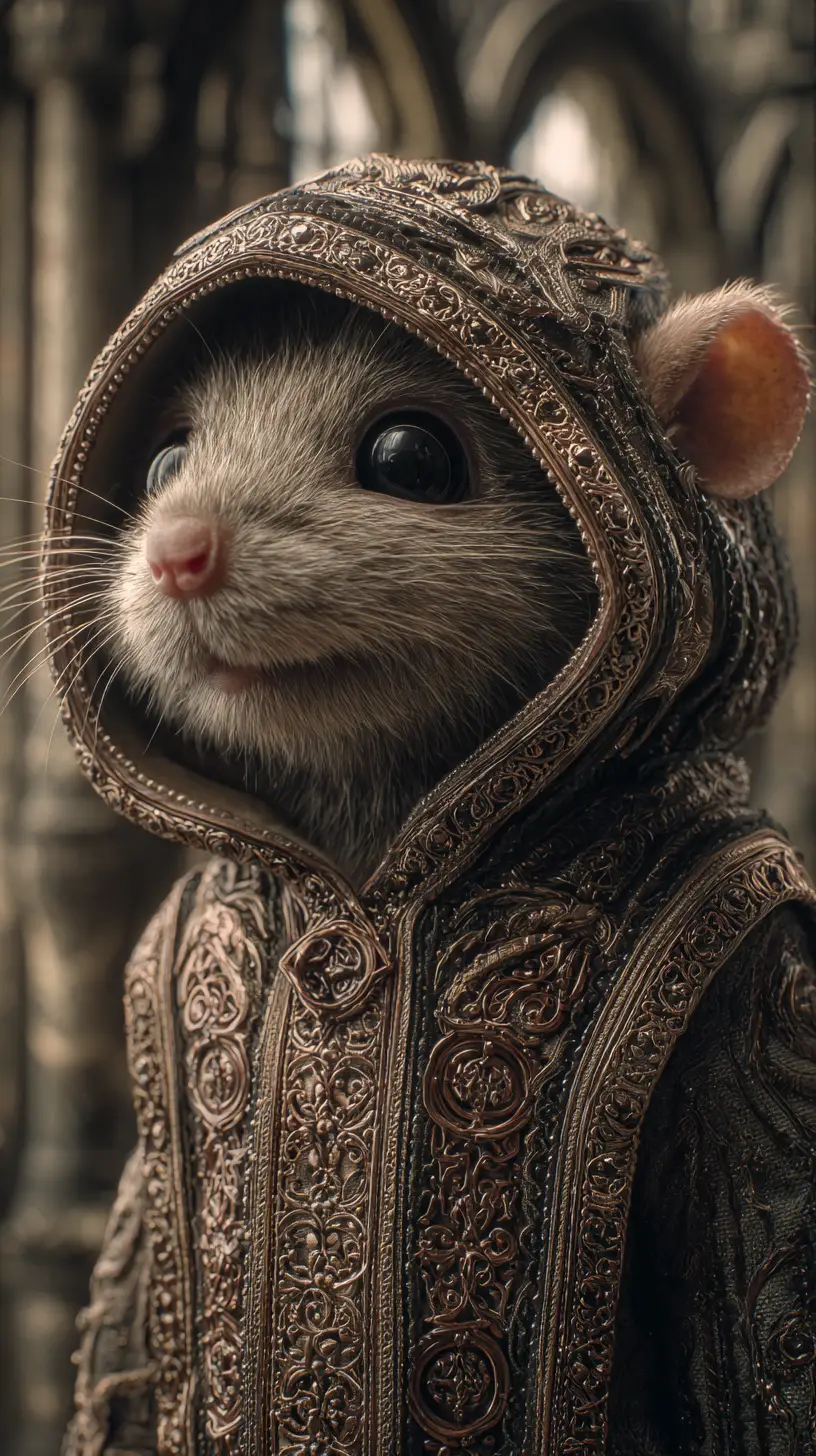 Retrato cinematográfico de una rata adorable con una sudadera ornamentada