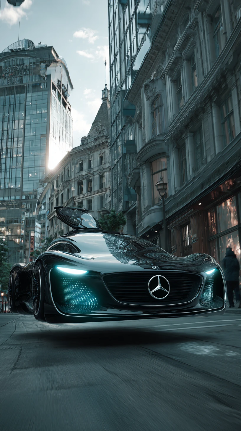 Auto conceptual negro futurista flotando sobre la ciudad