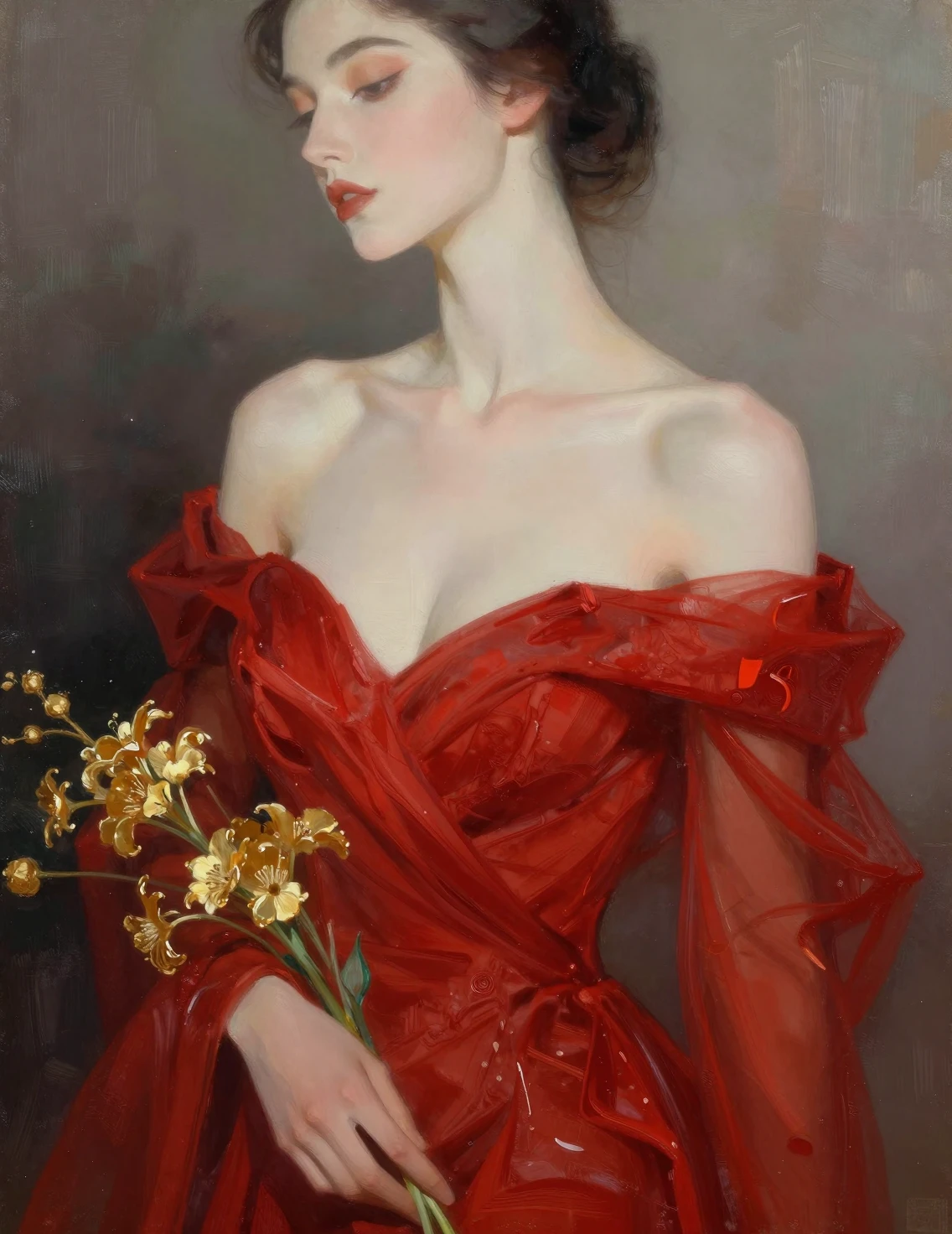 Minimalist portrait of a chic woman in red couture