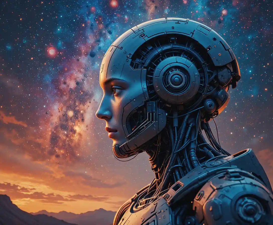 Robot profile portrait against a glowing starry galaxy sky