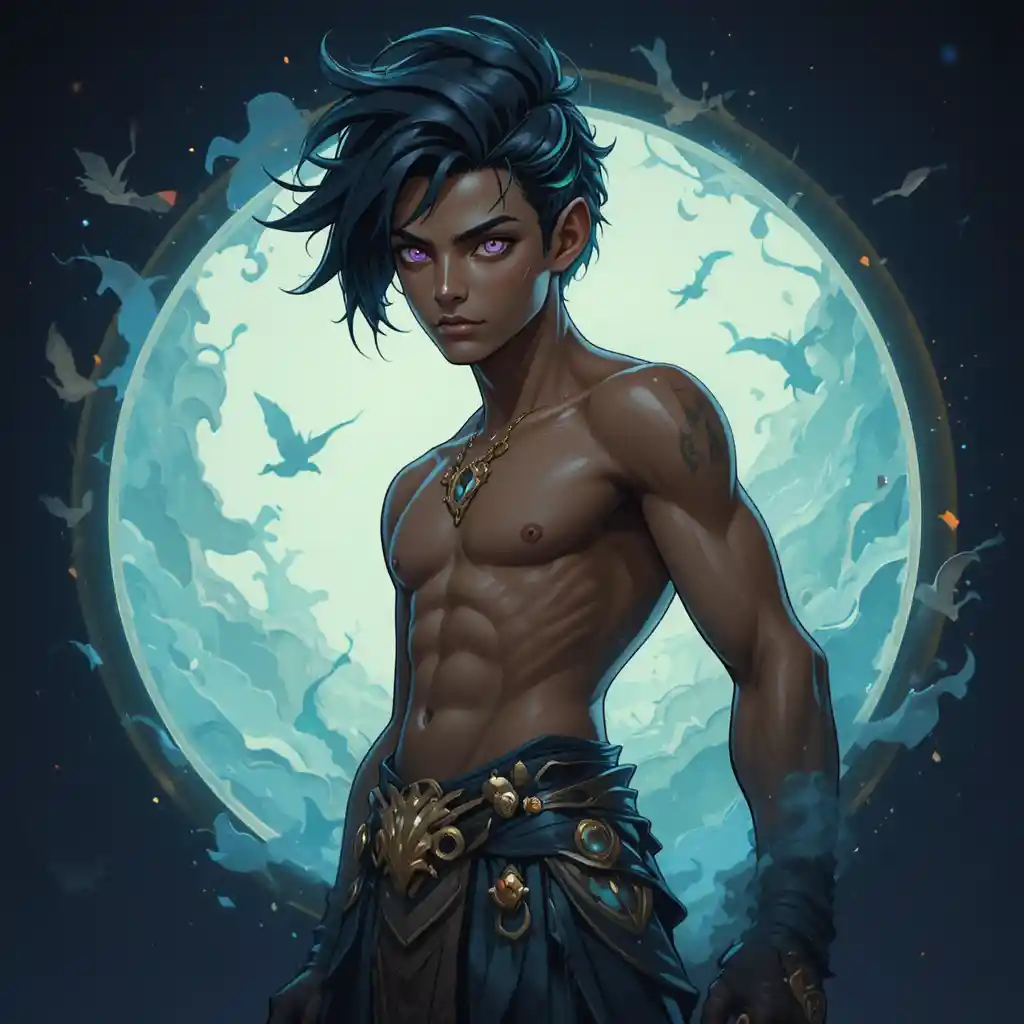 Young brown skinned god with violet eyes in fantasy world