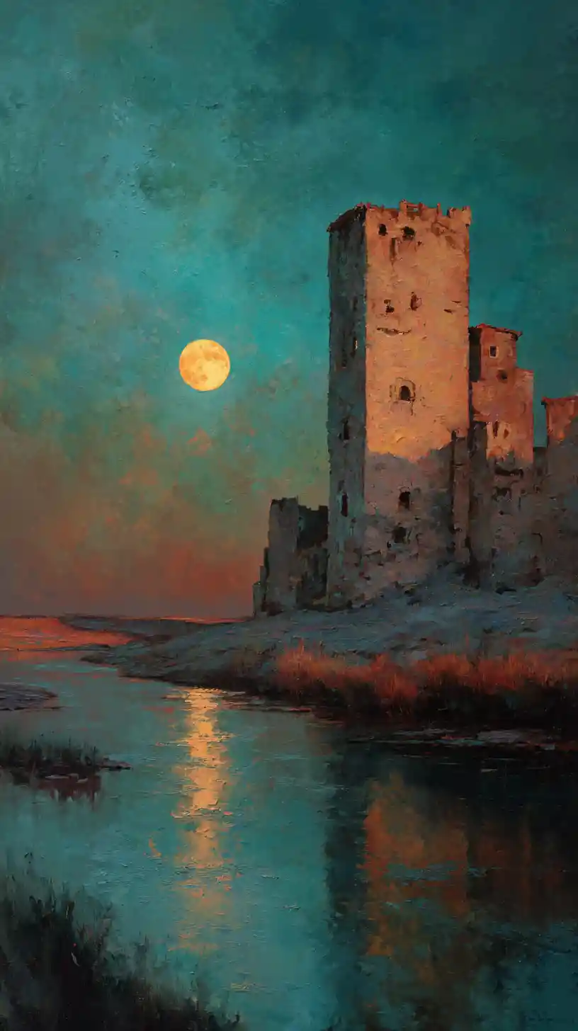 Ancient riverside castle under glowing moonlit dusk sky