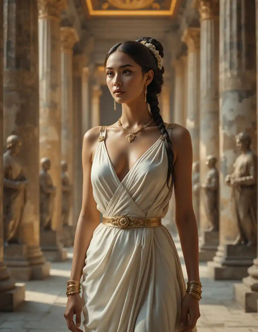 Statuesque woman in ivory gown in ancient temple
