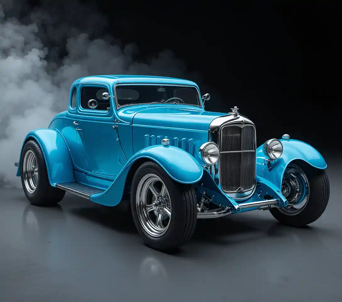 Coche concepto futurista azul con llantas cromadas sobre fondo negro
